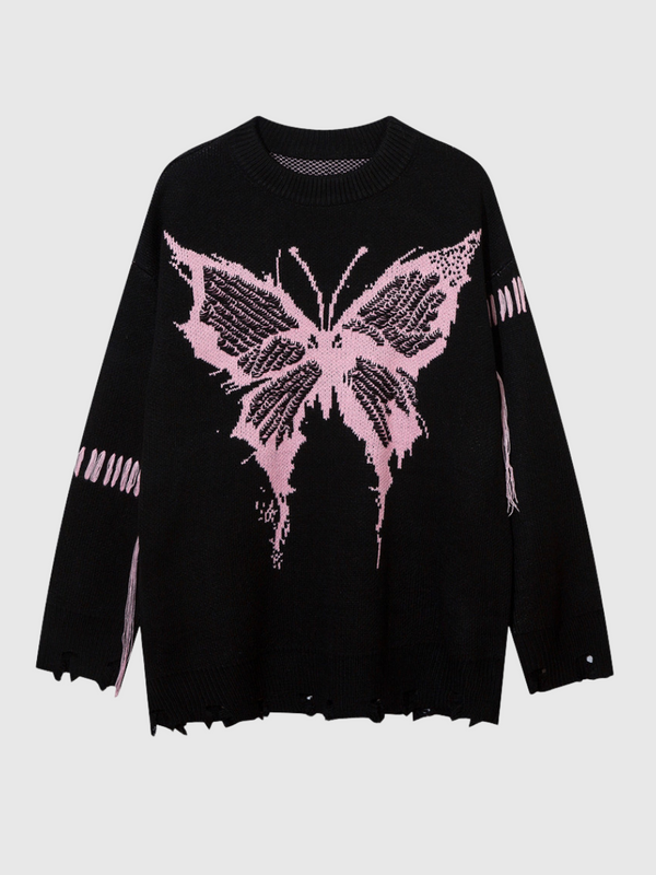 Butterfly Graffiti Distressed Sweater