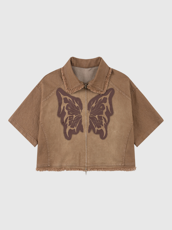 Butterfly Washed Zip Up Denim Shirt