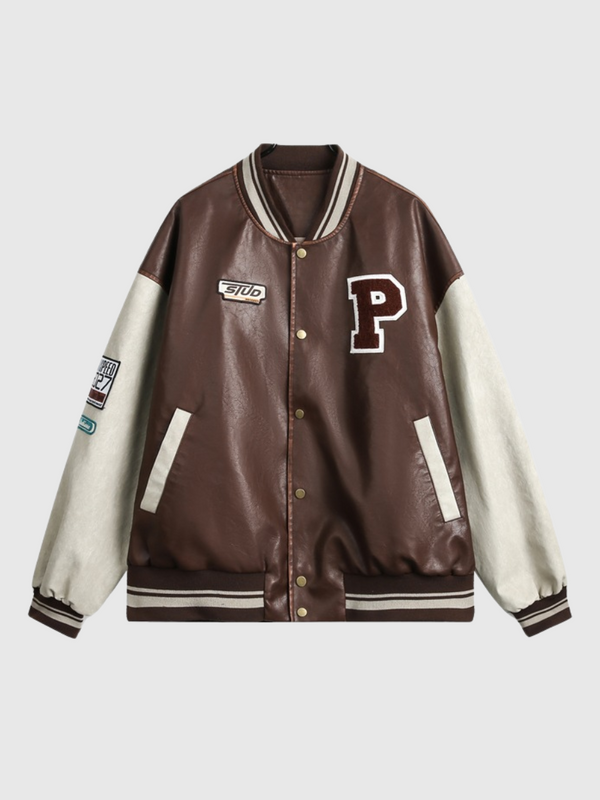 Color Block PU Baseball Jacket