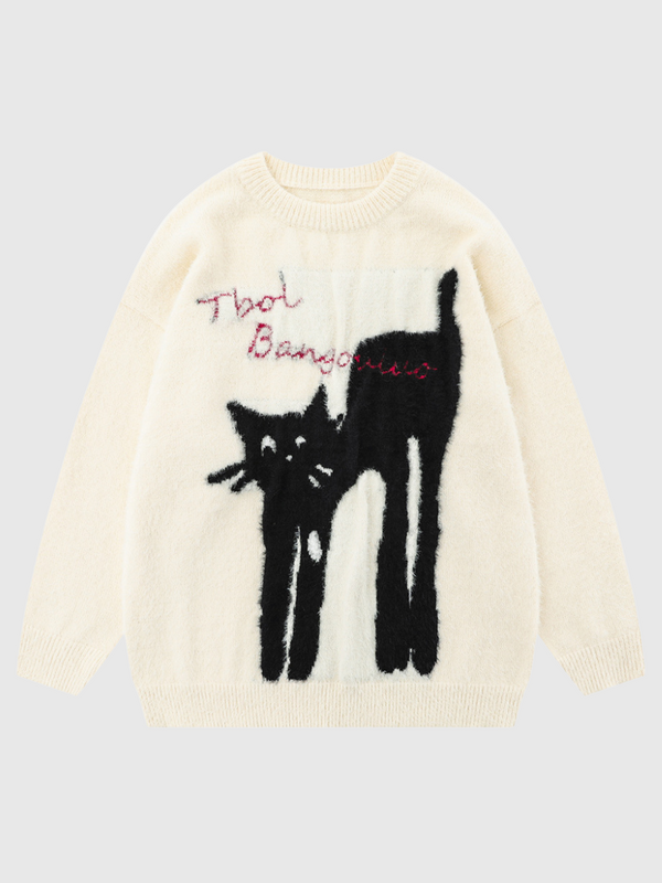 Cute Cat Jacquard Round Neck Sweater