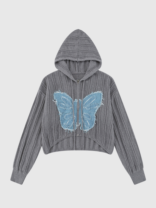 Denim Butterfly Bow Knit Cardigan Hoodie