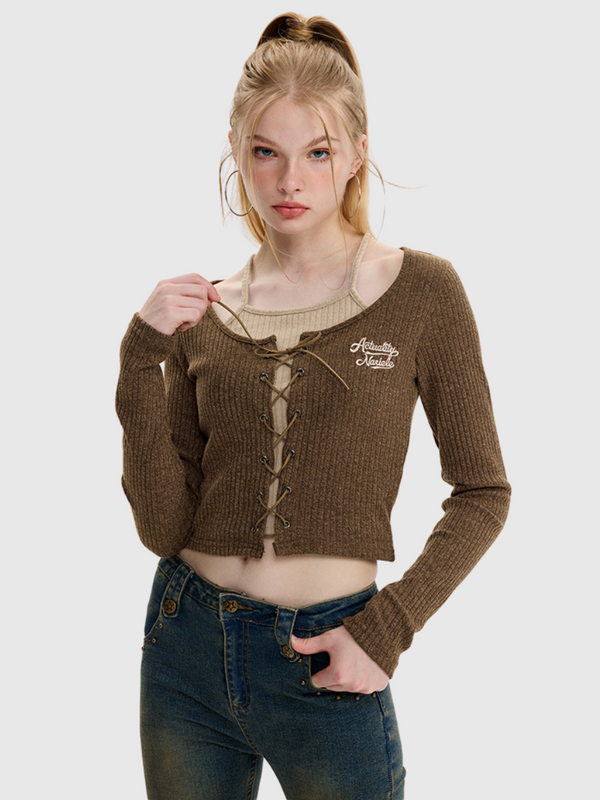 Fake Two Piece Bandage Knit Long Sleeve T-Shirt