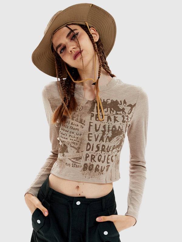 Graffiti Knitted Belly Long Sleeve T-Shirt