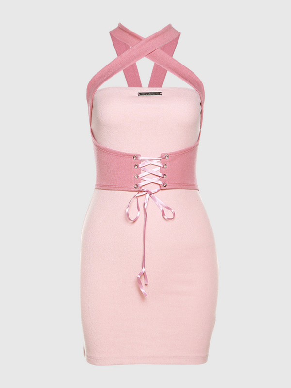 High-Waisted Belted Slim Halter Dress