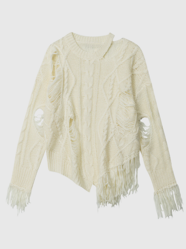 Hollow-out Distressed Fringe Sweater