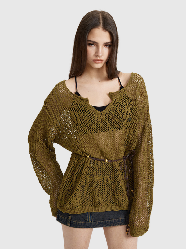 Hollow-out Waist Cinched Knitted Sweater