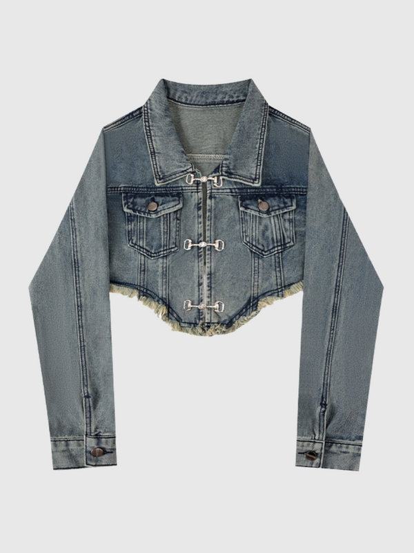 Irregular Button Frayed Edge Crop Denim Jacket