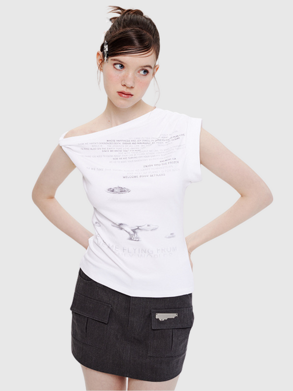 Irregular Diagonal Shoulder Letter T-Shirt