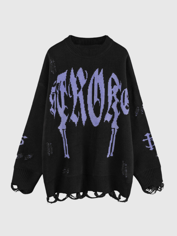 Letter Graffiti Distressed Crew Neck Sweater