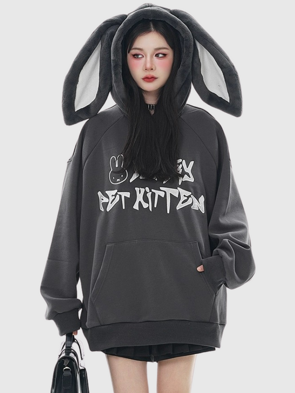 Playful Bunny Ear Plush Letter Print Hoodie