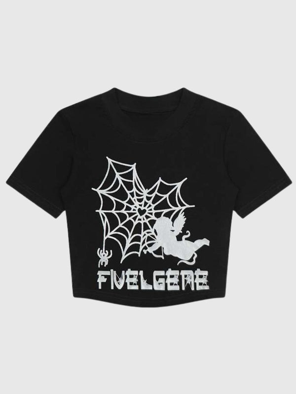 Spiderweb Letter Print T-Shirt