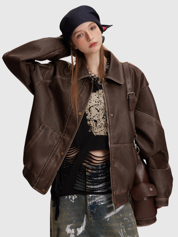 Stand Collar Faux Leather Moto Jacket