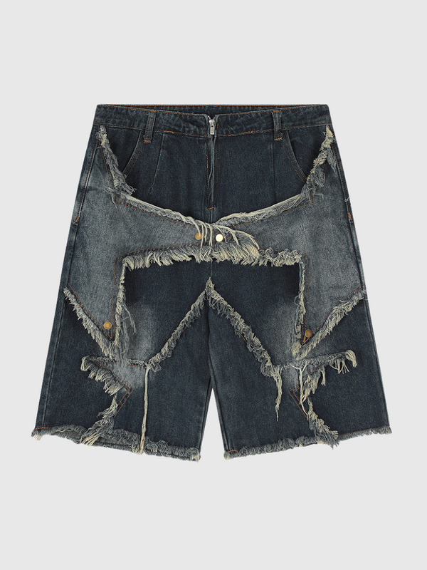 Star Patch Raw Hem Denim Shorts