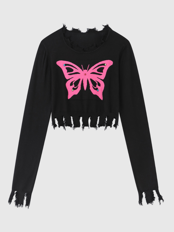 Tassel Hem Butterfly Embroidered Sweater