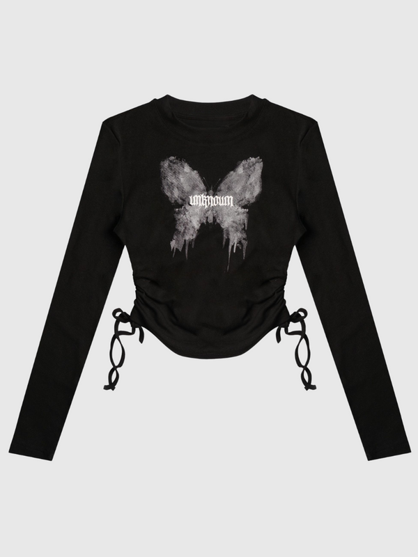 Side Drawstring Butterfly Print Long Sleeve T-Shirt