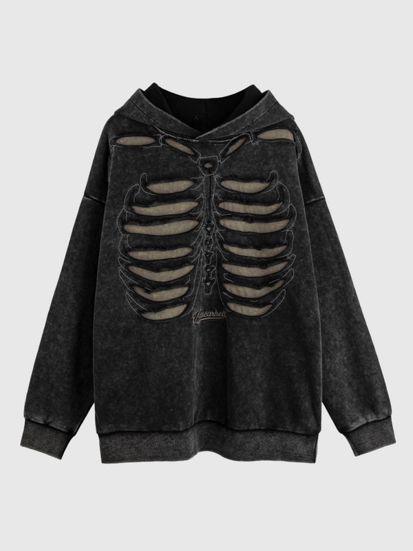 Washed Ripped Hole Skull Hoodie